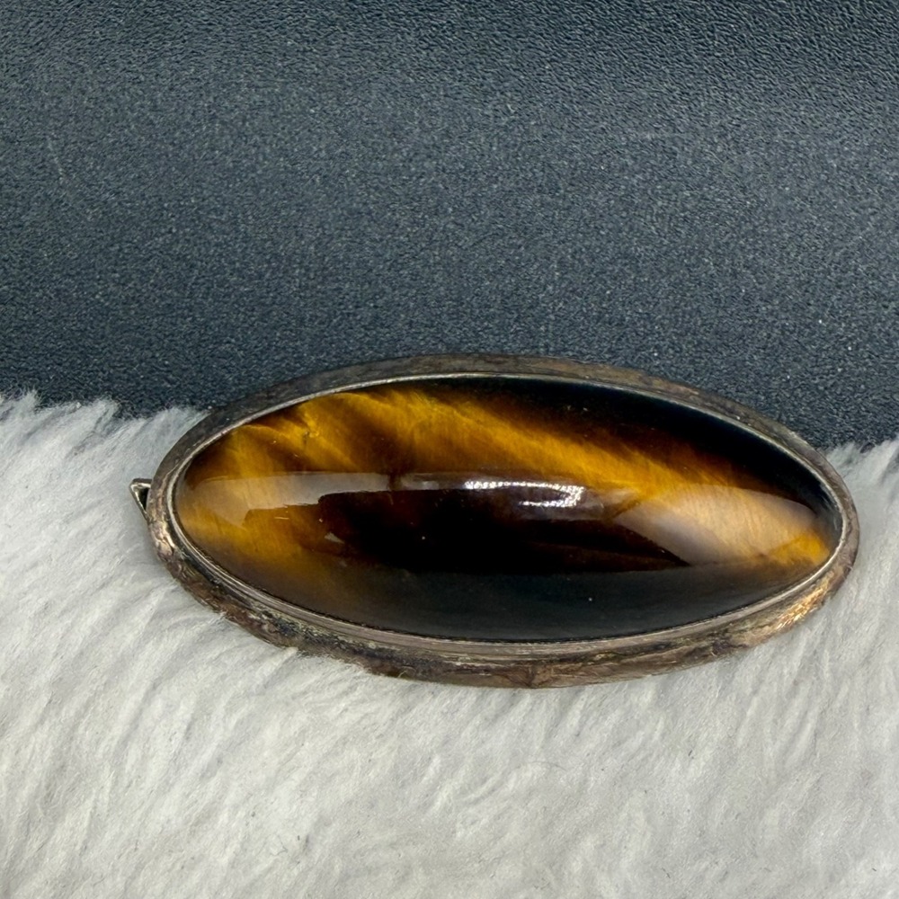Vintage Estate Brooch Pendant Silver Tone Tigers Eye Oval Cabochon Stone